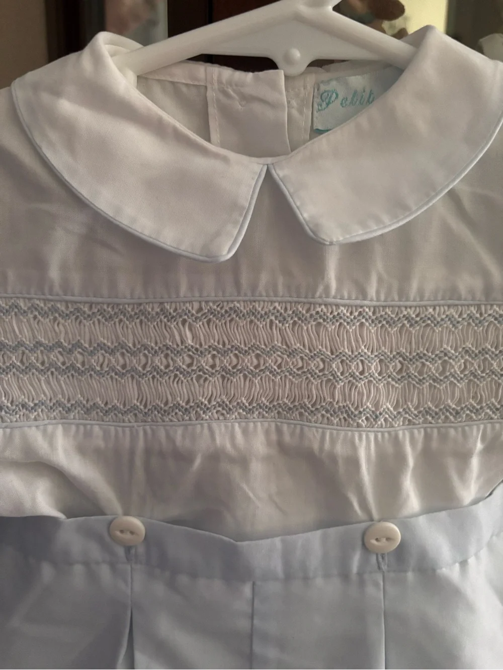 Petit Ami White and Light Blue Smocked One-Piece